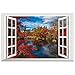 DNVEN Faux Window Decals Autumn Feel Red Leaves Peaceful Lake False Window Clings Murals 3D Full Color Vinyl Bedroom Living Room Playroom Wall 24 inches x 16 inches