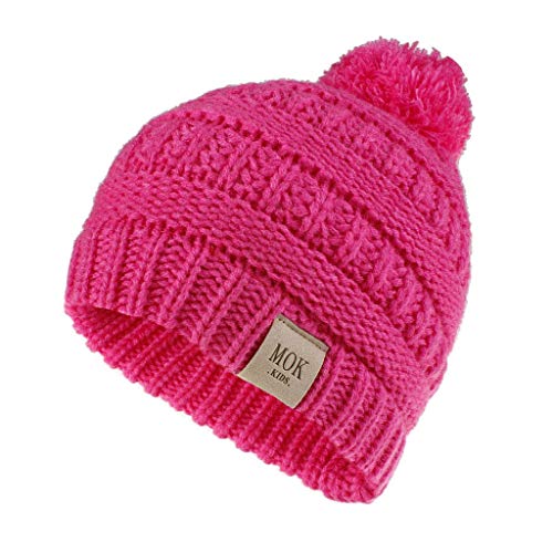 Tomppy Baby Boys Girls Winter Warm Knitted Hats Kids Cable Knit Beanie Hat with Faux Fur Pompom Slouchy Skull Caps Hot Pink