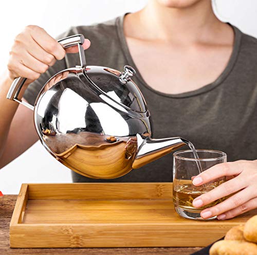 2 Liter Tea Pot with Infuser for Loose Leaf Tea Stainless Steel Coffee Tea Kettle 8 Cup Induction Stovetop Teapot Strainer for Boiling Hot Water Mirror Finish 2.1 Quart 68 Ounce by Onlycooker