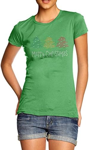 TWISTED ENVY Winter Trees Merry Christmas Women's Rhinestone T-Shirt