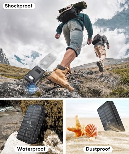 Solar Charger Power Bank 38800mAh with Dual 5V3.1A Outputs 10W Qi Wireless Charger Waterproof Built-in 4 Solar Panel and Bright Flashlights