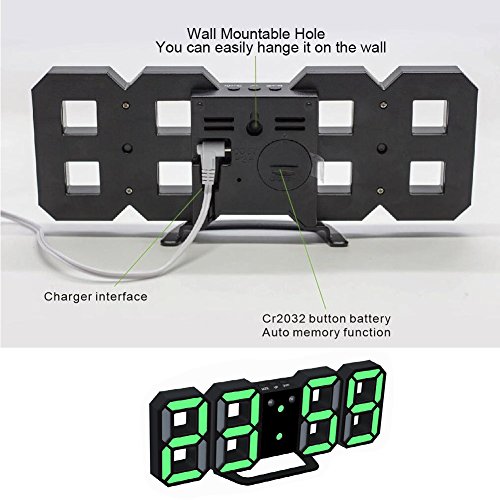 LED Digital Electronic Alarm Clock, Modern Multi-Functional Desk / Shelf Wall Clock with Dimmable Nightlight, Snooze, Auto Memory, 24/12 Hour Display (Black Frame, Green Light)