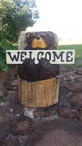 Chainsaw Carved Bear - welcome bear, bear holding welcome sign, bear sculpture, bear carving
