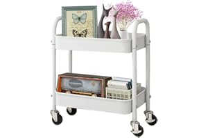 MELODY HOUSE 2 Tier All-Metal Rolling Cart, Rolling Storage Cart with Handle and Locking Wheels Kitchen Cart Laundry Office Bathroom Storage Organizer Cart, White