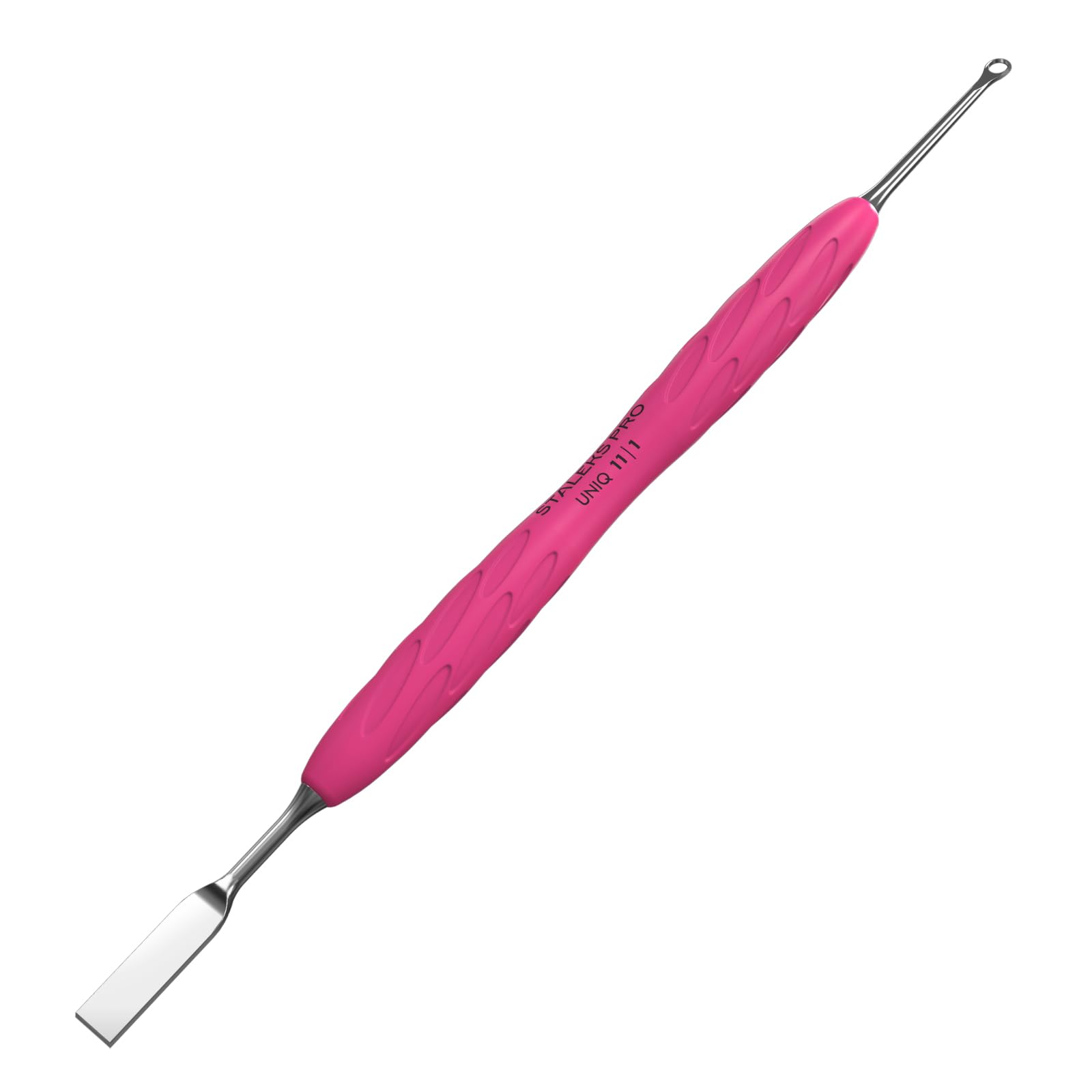STALEKS Pro UNIQ Cuticle Pusher Double Manicure Instrument with Silicone Grip GUMMY (Ring and Flat Straight Slider) PQ-11/1