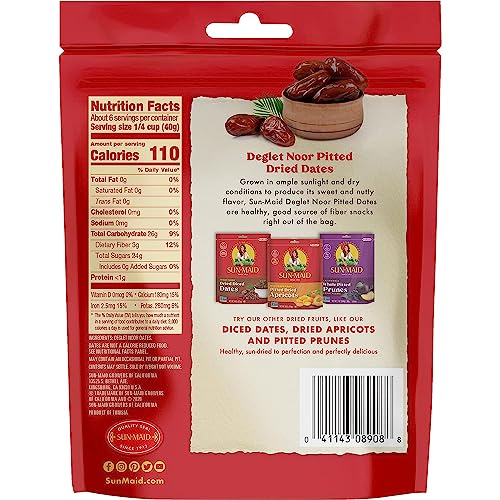 SUN-MAID DEGLET NOOR PITTED DRIED DATES 8 OZ RESEALABLE BAG – PITTED DEGLET NOOR DATES DRIED FRUIT SNACK FOR LUNCHES, SNACKS, AND NATURAL SWEETENERS