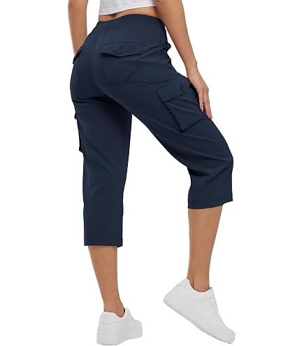 FitsT4 Sports Pantalon capris de randonnée cargo pour femme, capris léger, séchage rapide, cordon de serrage, résistant à l'eau, bleu saphir, Taille L