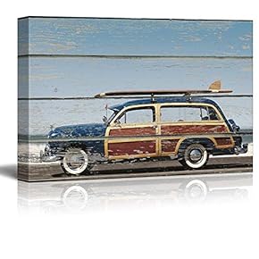 Woodie Car with a Surfboad on it Sitting...