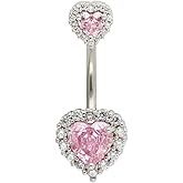 Excepro 14G(1.6mm) Double Heart Cubic Zirconia Navel Belly Button Ring 316L Stainless Steel Bar Piercing Jewelry