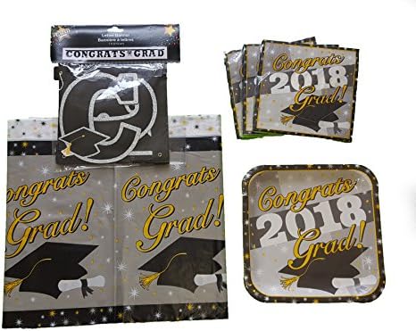 2018 Graduation Party Supply Pack for 28 Guests - Bundle Includes Paper Plates &amp; Napkins, Plastic Table Cover and Congratulations Banner - Black, Gold, Silver