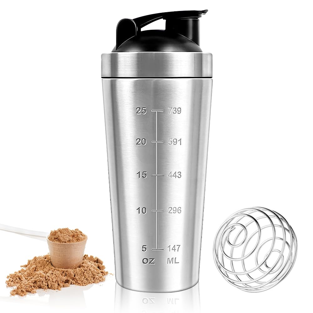 BFXMV Protein Shaker Bottle 750ml, Stainless Steel Protein Shaker Cup, Gym Shaker Bottle, Protein Mixer Shaker Supplement Bottle with Mixball, Leak Proof Metal Sports Water Bottle for Men&Women