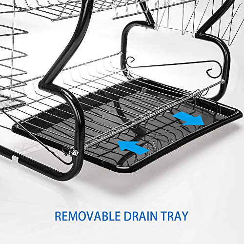 2-Tier Dish Rack and Drain Board, Brilliant Black Large Kitchen Plate Cup Dish Drying Rack Storage Tray Cutlery Dish Drainer Room Saving
