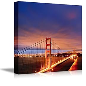 Night Scene with Golden Gate Bridge and San Francisco Lights - Canvas Art Wall Art - 12" x 12"