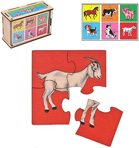 RK Cart Farm Animals Simple Puzzles for Kids, 4 Piece Wooden Jigsaw Fun Learning Toys, Set of 6