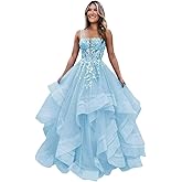 KSIJJWY Sparkly Tulle Prom Dresses Long Ball Gown Lace Applique Tiered Formal Evening Gowns for Women Teens 2026