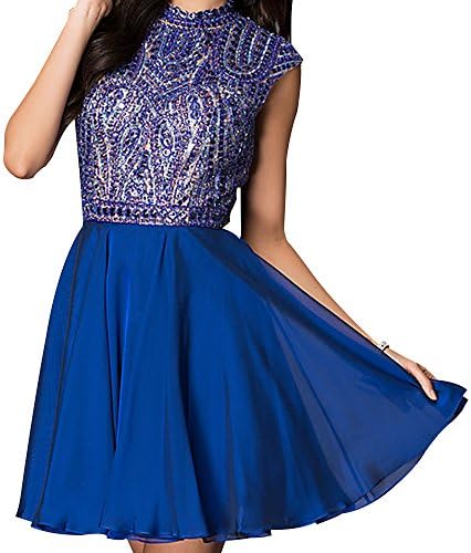Miss Chics Women Chiffon High-neck Short Beaded Prom Dress Homecoming Dress 2016 (4, Royal Blue)