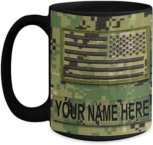 Coast Guard Coffee Mug - Personalized with Enlisted or Officer Rank, 15 oz Cup with Custom Name Tape and Rank, Gift for USCG (Black - Chief Petty Officer (CPO))