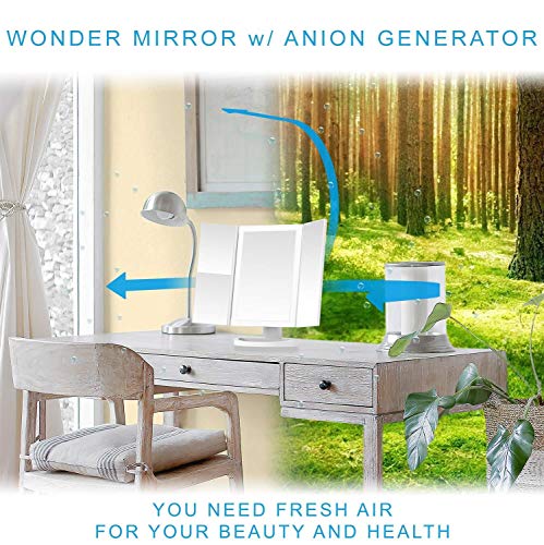 WONDER MIRROR 2019 Led Lighted Trifold Makeup Mirror w/built-in Air-Vitamin ANION GENERATOR for Ionic Conditioning + Big 10x Magnification Mirror w/Suction-cups + Charger w/Long 7 ft Cord