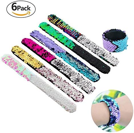 Ideapark 6 Pcs Sequins Mermaid Slap Bracelets Reversible Glitter Sequin Wristbands Wrap Toys Kids Birthday Party Favors Bag Filler Gifts (Random Colors)
