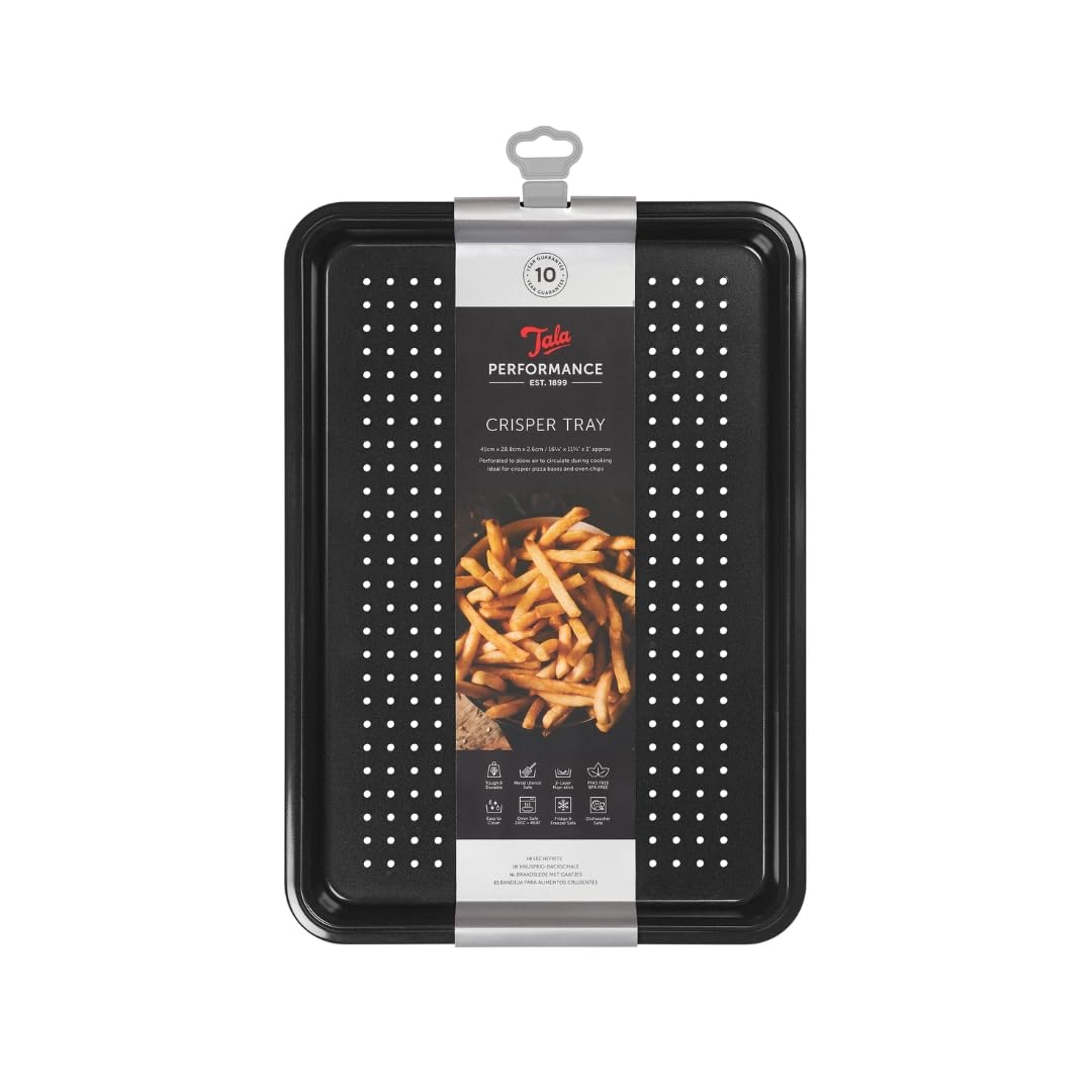 Tala Performance Crisper Baking Tray, Professional Gauge Carbon Steel with Eclipse Non-Stick Coating, 39.4x26.8x2.08 cm; Perfect for Crispy Chips or Pizza Bases, Black, Reg