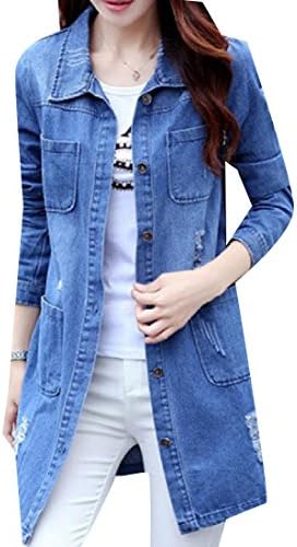 Sheng Xi Women Holes Plus Size Delicate Long Sleeve Fitted Tops Blazer Denim Blue M