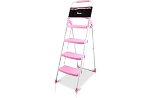 TOOLITIN 4 Step Ladder with Attachable Tool Bag,500 lbs Folding Step Stool with Wide Anti-Slip Pedal, Convenient Handgrip, Lightweight, Portable, Perfect for Kitchen& Household, Pink