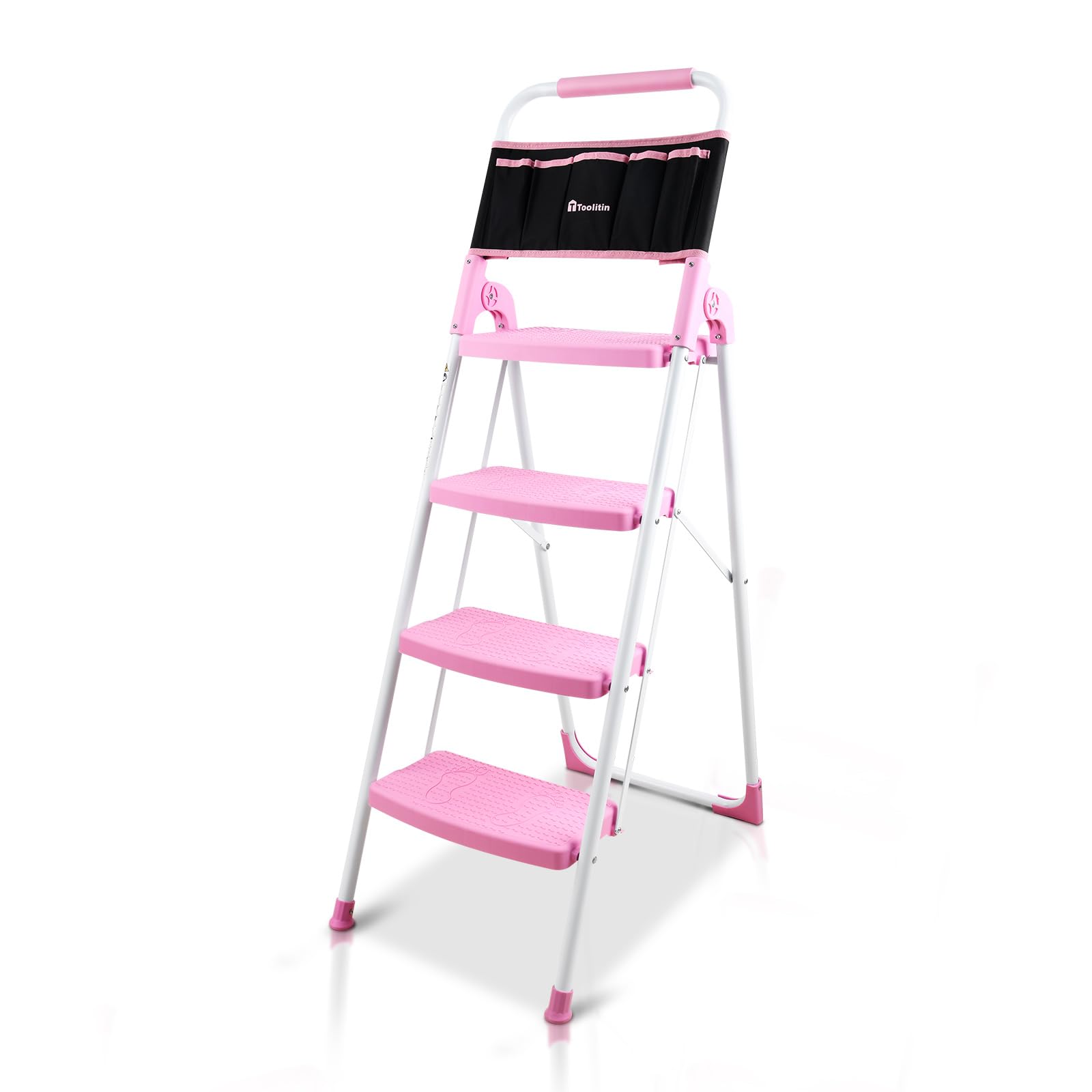 Photo 1 of TOOLITIN 4 Step Ladder with Attachable Tool Bag,500 lbs Folding Step Stool with Wide Anti-Slip Pedal, Convenient Handgrip, Lightweight, Portable, Perfect for Kitchen& Household, Pink