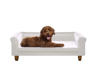Critter Sitters 42-In. Elegant Cream Faux-Velvet Rectangular Dog Sofa for Medium and Large Dogs, Durable Elevated Dog Sofa Bed, Comfortable Dog Couch, Modern and Stylish Dog Sofa for Large Dogs