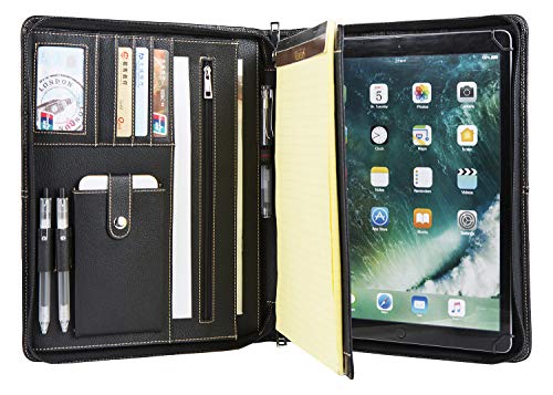 Hifriend Genuine Leather Portfolio for iPad Pro 12.9, Professional Business Organizer Padfolio Case, Letter Size Notepad, with Retractable Handle, Gift for Women & Men (Black, Pro 12.9)