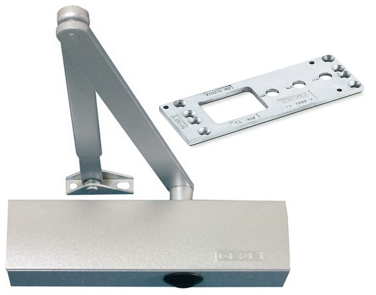 GEZE TS 2000 V BC Silver Linkage Door Closer for Single Leaf Doors up to 1250 mm Wing Width with Frame and Mounting Plate / Set 3 in 1