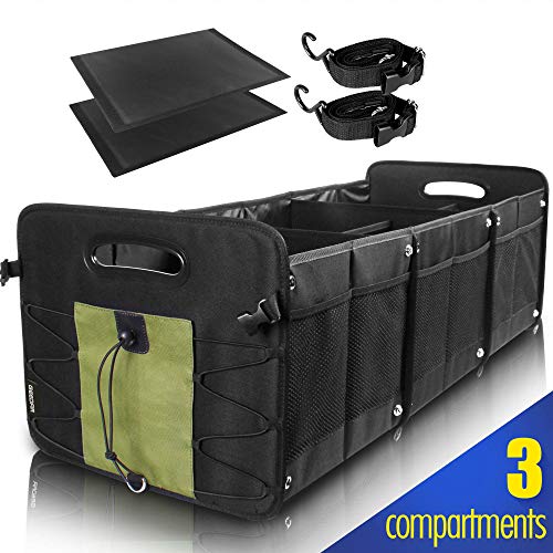 Car Trunk Organizer for SUV [3 Large Compartments] Collapsible Portable Non-Slip Bottom with Tie Down Straps (Green) - Thumbnail 7