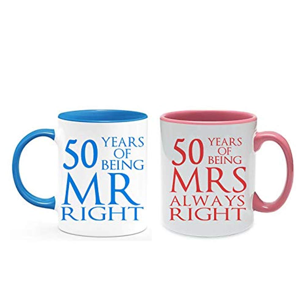 Golden Anniversary 50 Years of Being Mr Right & Mrs Always Right Set of 2 Wedding Anniversary, Valentines Day, Coloured Couple Mug Set. (50 Years)