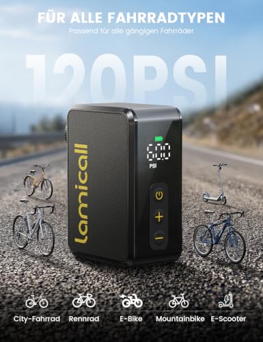 Lamicall Mini Bicycle Pump Electric Air Pump - [Fast & Safe Inflation] 120 PSI Portable Battery Bicycle Pump with Pressure Gauge & Auto Stop, Tiny Compact Bicycle Pump for Road Bike, MTB, E-Bike