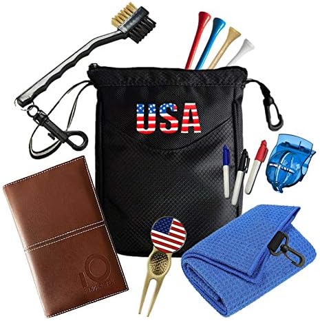 Amy Sport Golf Pouch Bag Multi Pocket Clip Zipper Hook to Bag, with 10 Pcs Wooden Golf Tees Value Set, Durable Nylon Valuables Holder for Men Women