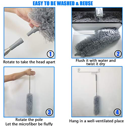 Upgrade Extra Long Microfiber Duster with Telescoping Extension Pole (30" to 100") and Bendable Washable Head, Hypoallergenic Lint Free Duster for Cleaning Roof, Blinds, Cobwebs,Ceiling Fan, Furniture