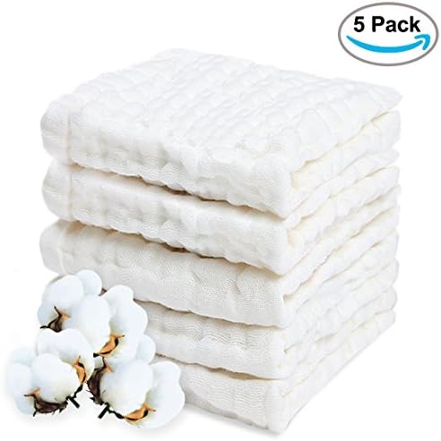 Baby Muslin Washcloths, Natural Muslin Cotton Baby Wipes,Reusable Soft Newborn Baby Face Towel, Baby as Shower Gift 5 pack