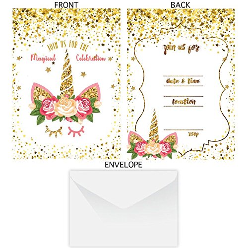 24 Unicorn Invitations Large Set Giltter Unicorn Face with 24 Envelopes Double Sided - Thumbnail 4