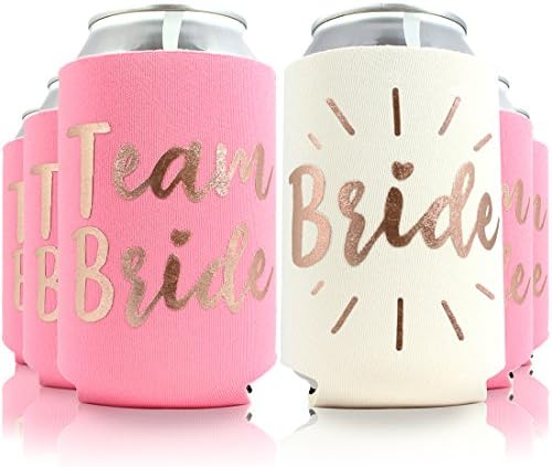 11pc Set Team Bride & Bride Drink Coolers for Bachelorette Parties, Bridal Showers & Weddings - 4mm Thick Bottle Cooler Sleeves aka Can Coolies aka Beverage Insulators (11pc Set, Cute Pink)
