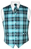 Men's Plaid Design Dress Vest & NeckTie Black Turquoise White Neck Tie Set