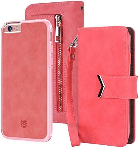 Majesticase iPhone 6s Plus Wallet Case Premium Suede Leather Wristlet & Detachable Removable Magnetic Hybrid Protective Shell Cover & Back Zipper + Removable Strap - Coral Pink
