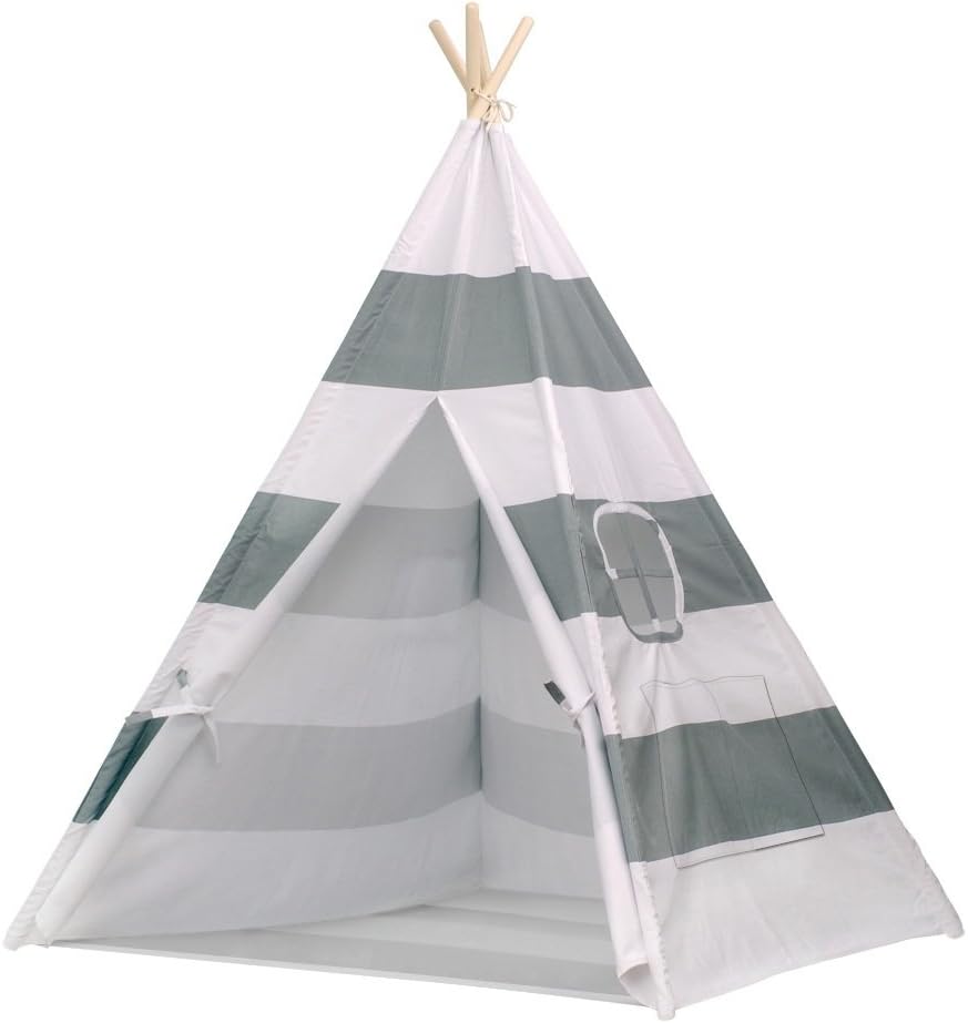 LOISLEILA Kids Teepee, Indian Cotton Canvas Play Tents with Bottom and Window (Grey Stripe)