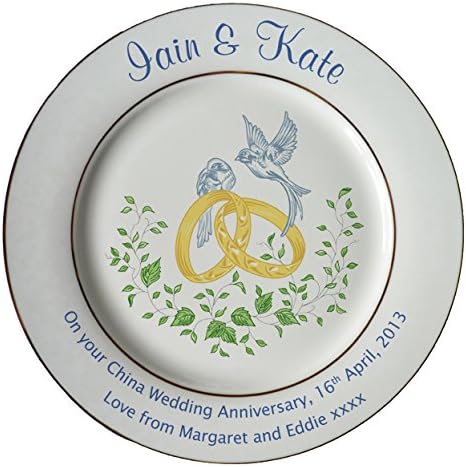 Personalised China Wedding Anniversary Plate with 2 Gold Bands - Rings and Doves Design