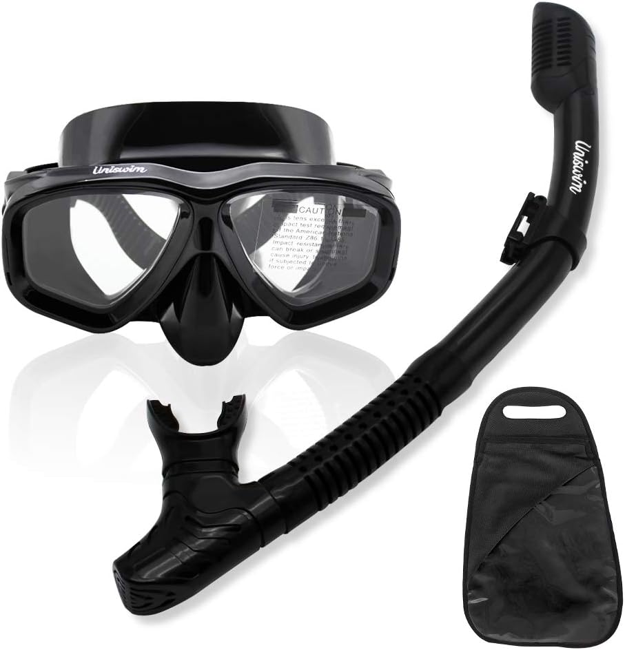 Uniswim Snorkeling Package Set for Adults, Dry Snorkel Mask Purge Valve Tube Snorkel Silicone Mouthpiece, Anti-Fog Coated Glass Diving Mask Clear View Leakproof Easy Breathing