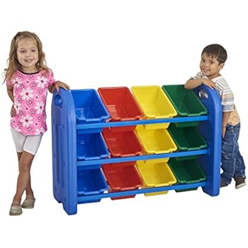 ECR4Kids 3-Tier Toy Storage Organizer with Bins, Blue with 12 Assorted-Color Bins, GREENGUARD Gold Certified Toy Organizer and Storage for Kids' Toys, Kids' Toy Storage