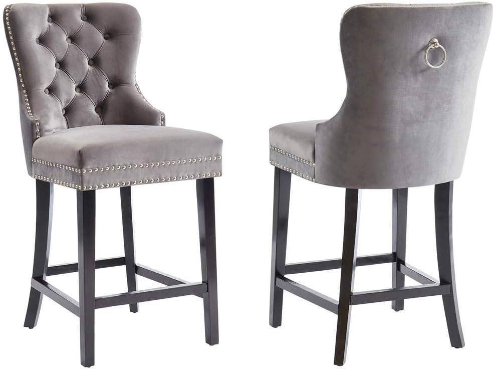 Set of 2 Modern Velvet & Solid Wood 26'' Counter Stool in Grey
