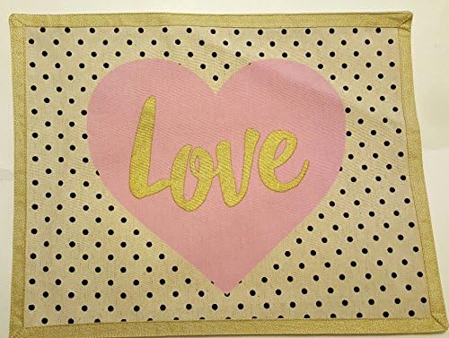 Love Themed Cloth Placemat Pink Heart Polka Dot with Gold Trim 85% Cotton 15 linen Measures 14" x 18'