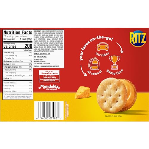 RITZ CHEESE SANDWICH CRACKERS, LUNCH SNACKS, 20 SNACK PACKS (6 CRACKERS PER PACK)