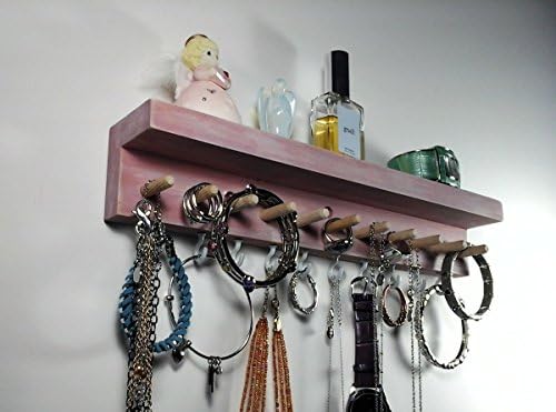 Jewelry Organizer Wall Mount Jewelry Holder with Shelf. Keep the Jewelry You Use Most Often in one Convenient Place. Handmade with Pine Wood, Hardwood Pegs and Vinyl Coated Hooks.