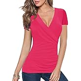 Afibi Women's Deep V Neck Short Sleeve Unique Slim Fit Cross Wrap Shirts Blouse Tops