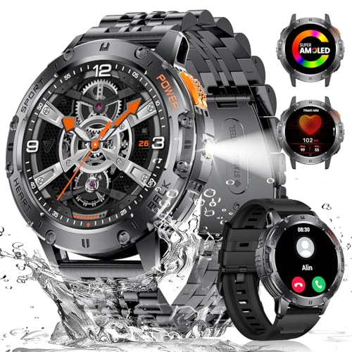 ESFOE Men's Smart Watch, 1.43 inch AMOLED Smartwatch Military Man with LED Flashlight/530mAh/5ATM Waterproof/Calls/120 Sports Modes/Heart Rate Monitor/Pedometer Android iOS Black